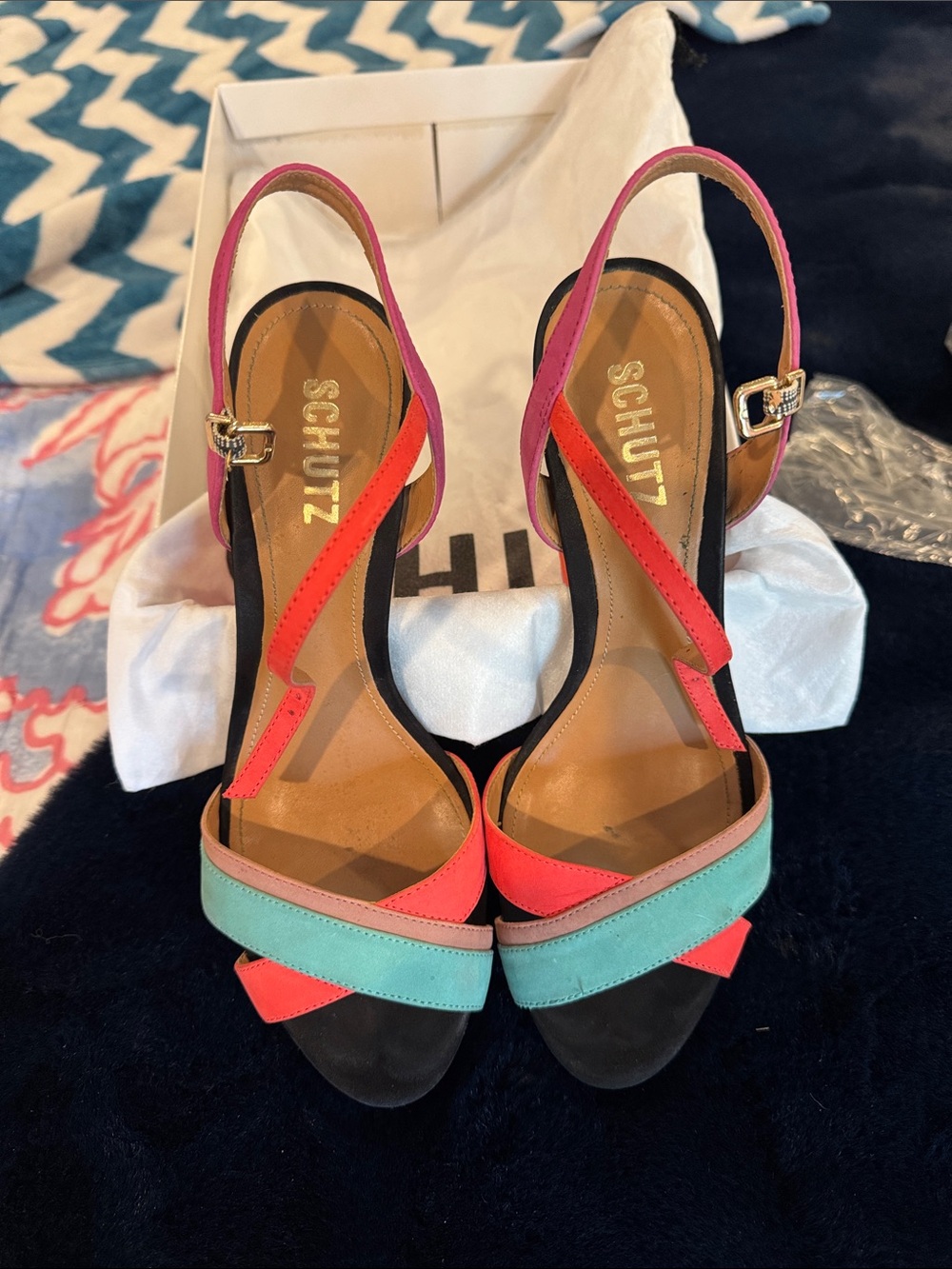 SCHUTZ Colorblock Strappy Slingback Heels in Pink, Coral & Teal